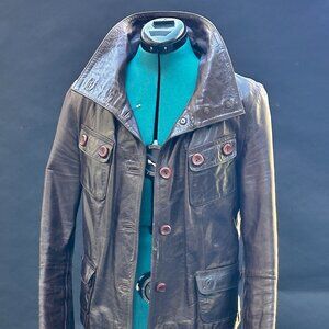 Vintage Brown Real Leather Jacket Women Button Front Cropped Moto Style